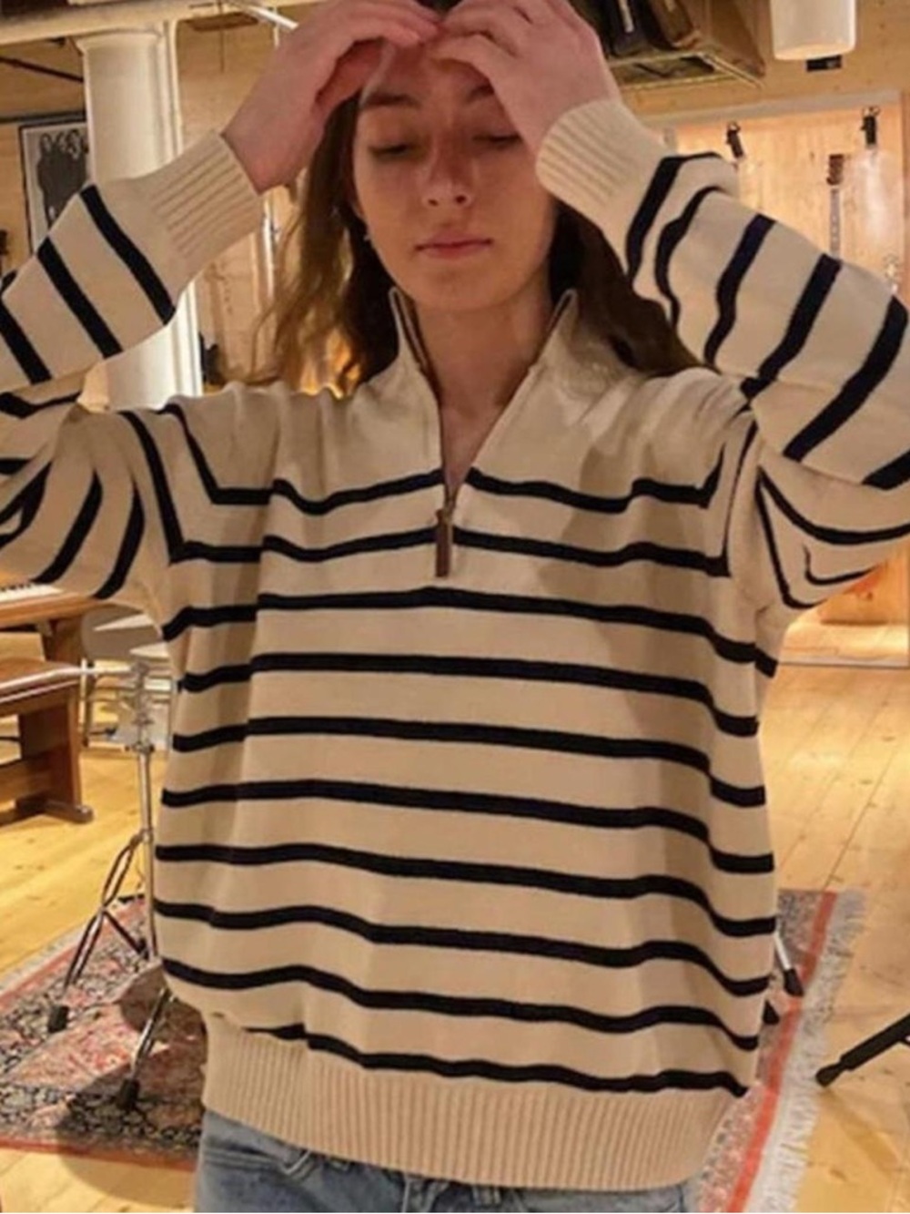 Brandy Melville Aleah Cotton Stripe 1/4 Zipper Knit Sweater Beige Blue One Size